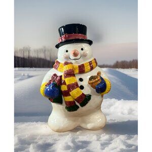 Vintage Cooks Club Snowman Cookie Jar W/Scarf, Top Hat & Pipe Ceramic 12” Tall
